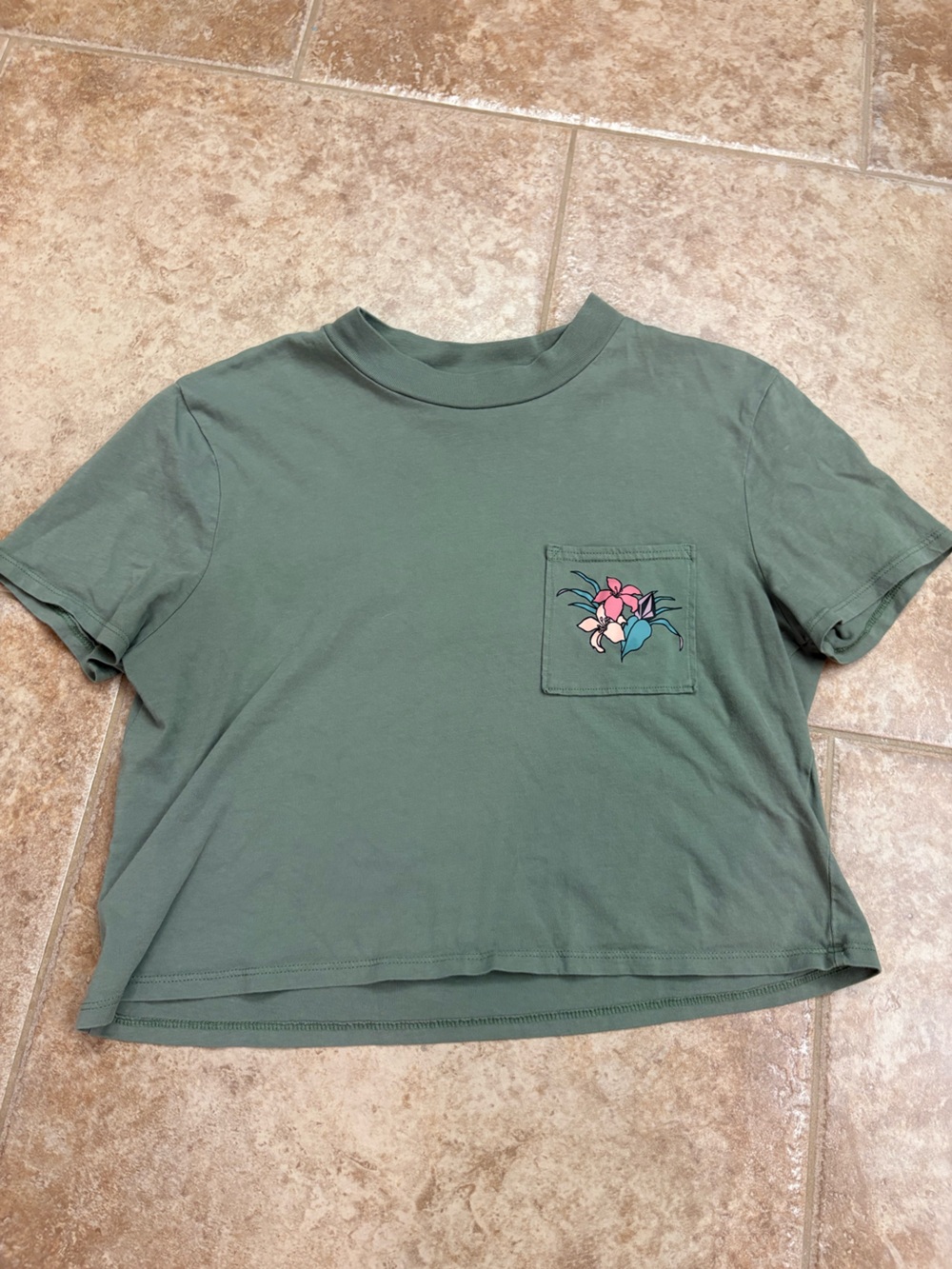 Volcom Olive Green Crop Tee with Pink & Blue Floral Pocket